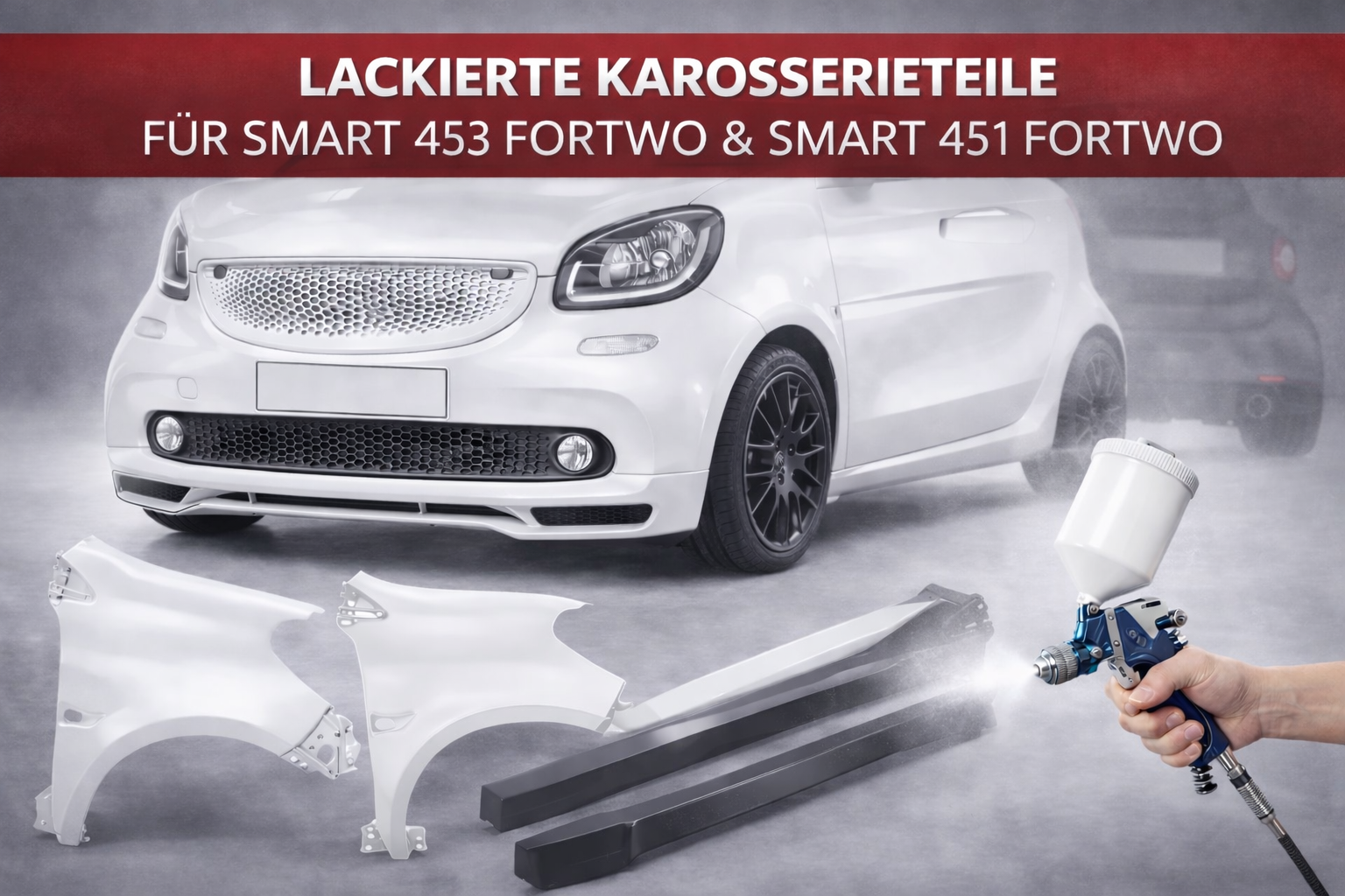 RADBOXX lackierte Karosserieteile für smart 453 Fortwo und smart 451 Fortwo mit Kotflügeln, Seitenschwellern und Frontlippe