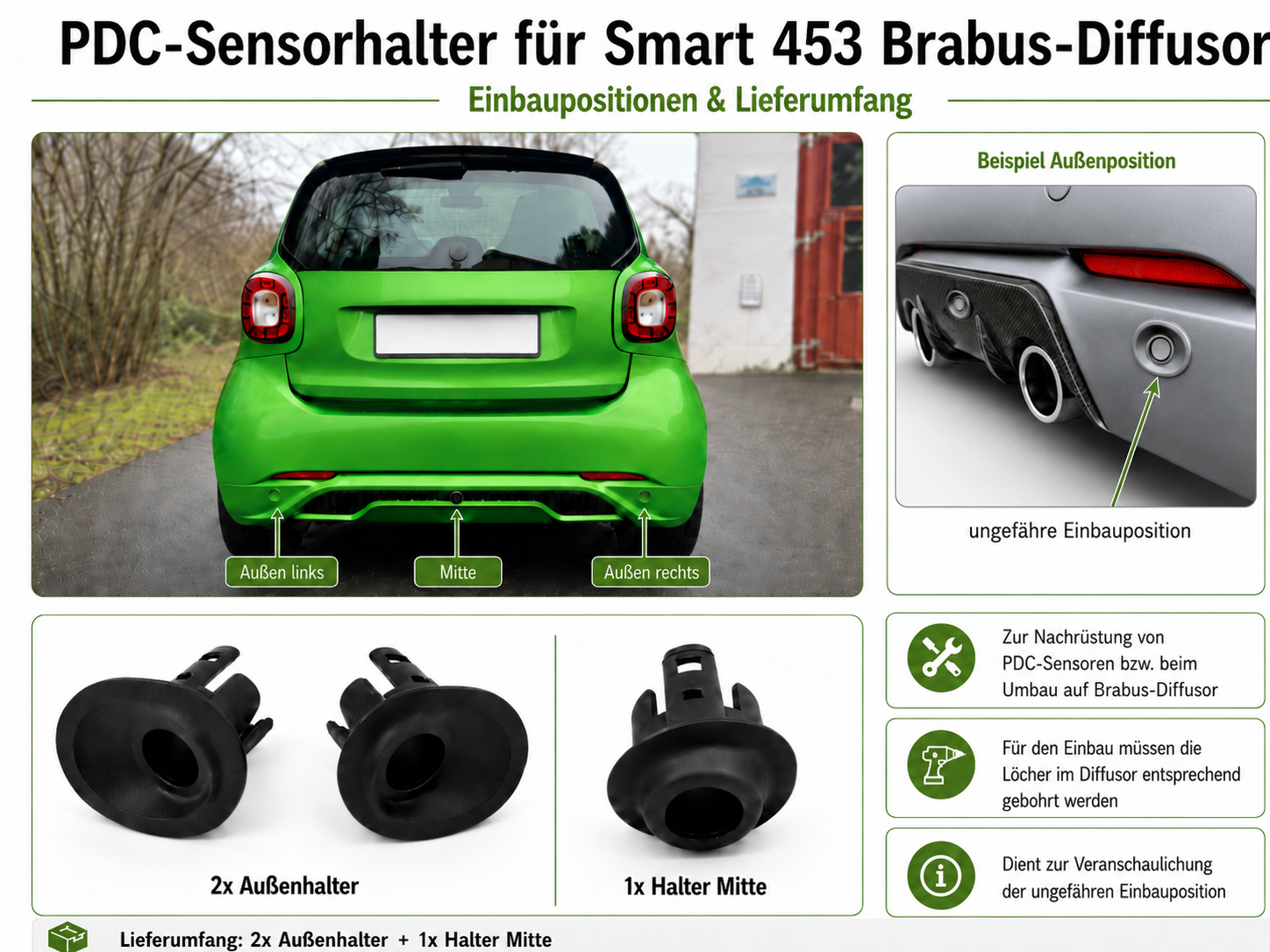EXTRA ADDITIONAL PARKING ACCESSORIES PDC 3x Sensor Mounts for Smart 453 ForTwo Brabus Diffusers Universal