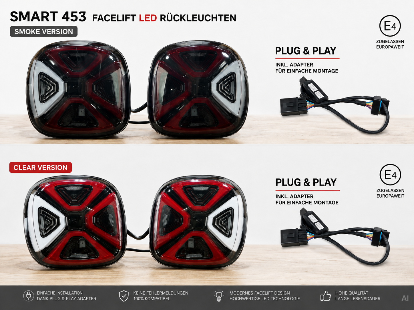 Übersicht Lieferumfang Smart Rückleuchten LED Facelift EQ Adapter